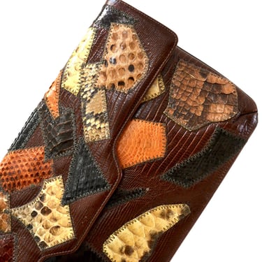 Vintage Leather Clutch Purse Handbag Brown Snakeskin Python Reptile Patchwork Caprice// 70s 80s Vintage Brown Purse patchwork leather 