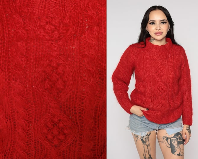 Red Angora Sweater 80s Cable Knit Sweater Semi-Sheer Pullover Jumper Mock Neck Sweater Plain 1980s Vintage Crewneck Fuzzy Sweater Small S 