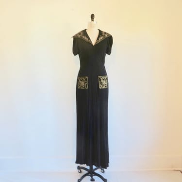 1940's Black Crepe Long Evening Dress Gold Soutache collar and Pocket Trim Formal Cocktail WW2 Era Rockabilly 28" Waist Size Small Medium 
