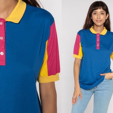 Color Block Shirt 80s Polo Shirt Blue Pink Top Yellow Shirt Short Sleeve 1980s Vintage Collared Polo Shirt Nerd Hipster Small Medium 
