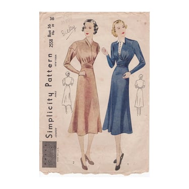 Vintage 1930s Simplicity Sewing Pattern 2558, Misses' and Women's Dress w/ Deep V & Gilet Inset, Two Lengths of Sleeve, 36 Bust 39 Hip, VFG 