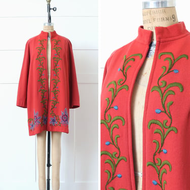 vintage 1920s - early 1930s embroidered coat • bright coral wool • floral crewel embroidery clutch coat 