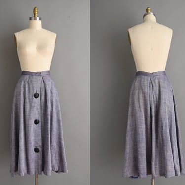 vintage 1940s Skirt | High Waist Chambray Oversized Button Skirt | Medium 