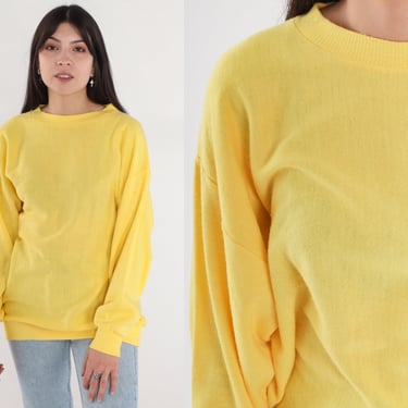 Yellow Sweatshirt 80s Pullover Crewneck Sweatshirt Retro Basic Plain Crew Neck Sweater Solid Long Sleeve Sweat Shirt Vintage 1980s Large L 