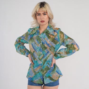 Vintage 70s Blouse Sheer Abstract Print Button Up Shirt Dagger Collar Blue Green Geometric Top Retro Statement Long Sleeve 1970s Small S 