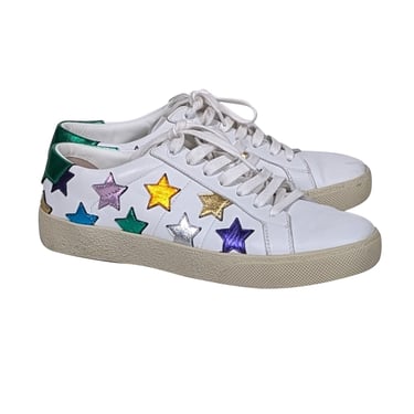 Yves Saint Laurent - White & Multicolor Metallic Star Print Sneakers Sz 8