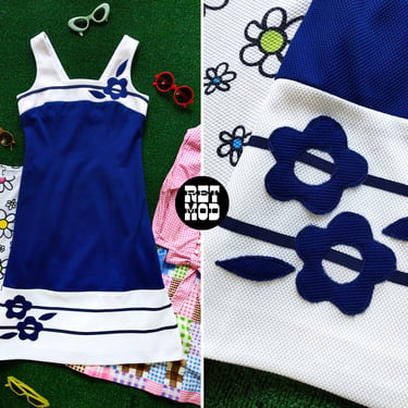 Cute Vintage 60s 70s Navy Blue & White Flower Appliqué Summer Dress 