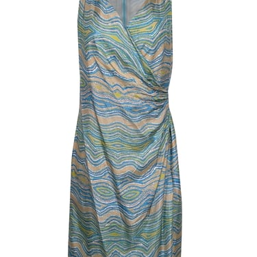 Lafayette 148 - Blue, Green, White & Taupe Marbled Print Sleeveless Dress Sz 6