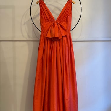 60s Empire Waist Silk Dress W/Bow Detail And Full Pleated Skirt