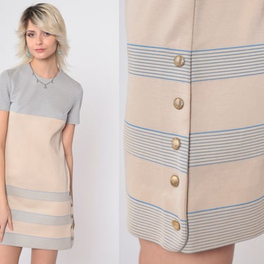 60s Striped Dress Beige Mod Mini Dress Blue Shift Sixties Button Side Short Sleeve Twiggy Space Age Vintage 1960s Polyester Small XS 