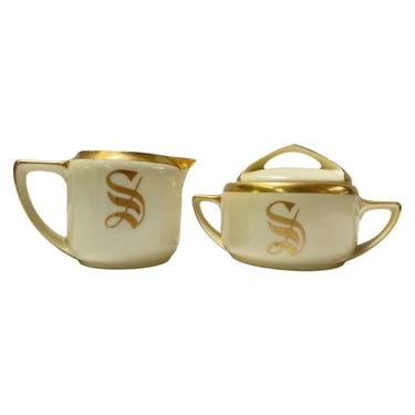 Rosenthal Serb Bavaria Donatello Porcelain Creamer and Sugar Bowl with Gold Trim and Monogram 