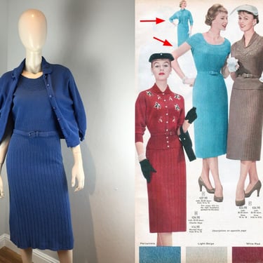 They Definitely Gave a Custom Look - Vintage 1950s Neusteters French Blue Wool Belted Knit Dress Cardigan Set - M 
