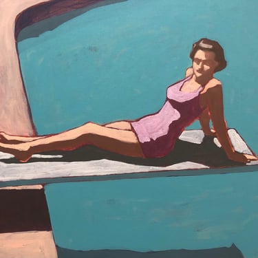 Woman on Diving Board #4 - Original Acrylic Painting on Canvas 20 x 16, blue, outside, summer, michael van, square, water, retro, sunlit 