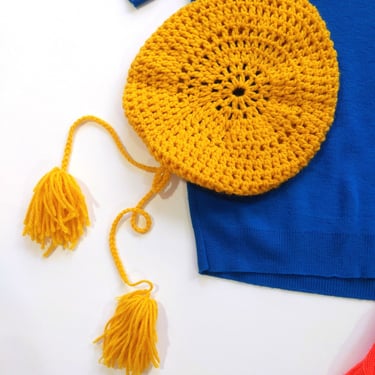 Sassy Vintage 60s 70s Mustard Yellow Crochet Beret Hat with Long Tassels 