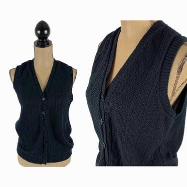 70s 80s Black Sweater Vest, Sleeveless Cardigan Pointelle Knit, V Neck Button Up Waistcoat S-M, Preppy Clothes Women Vintage by Keneth Too! 