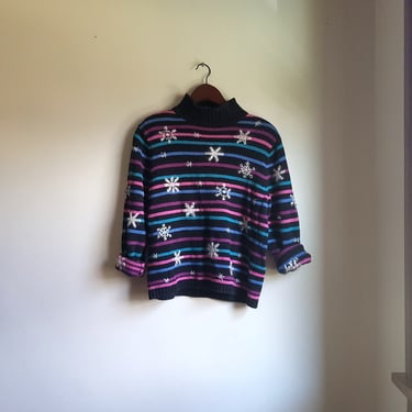 Vintage Christopher Banks Striped Mockneck Snowflake Sweater / M 