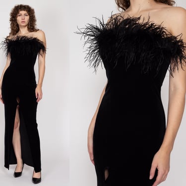 Small 90s Black Velvet Marabou Feather Evening Gown | Vintage Strapless Sexy Formal High Slit Bodycon Maxi Dress 