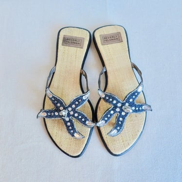 Beverly Feldman Size 8 Blue and Silver Beaded Starfish Slip on Thong Sandal 1990's Beach Resort Sandals 