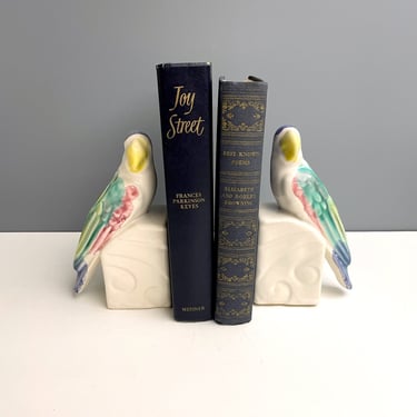 Parrot planter or bookend set - 1950s vintage bird ceramics 