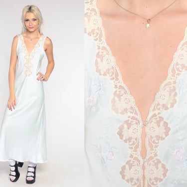 Embroidered Floral Nightgown 80s Slip Dress Baby Blue Maxi Nightgown Beaded Lingerie Vintage 1980s Long V Neck Button Dress Nightie Small xs 