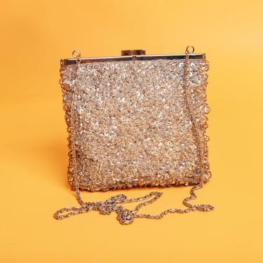 90s Shiny Silver Metallic Sequin Hardware Strap Purse Vintage Cache Square Evening Clutch Bag 