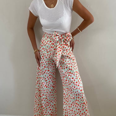 70s palazzo pants / vintage poppy floral silky crepe high waisted wide leg palazzo pants with sash belt | Large 