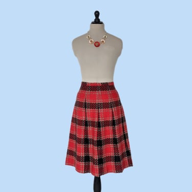 Vintage 1960s Red and Black Plaid Skirt, Vintage 60s A-Line Pleated Wool Skirt 