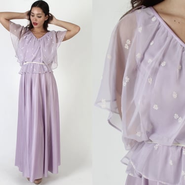 Violet Floral Romantic Grecian Wedding Dress / Vintage 70s Pleated Ruffle Peplum Waist / Unworn With Original Tags Bridal Maxi Gown 