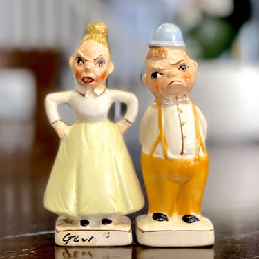 VINTAGE: 1950s - Salt And Pepper Shakers - Man and Woman with Happy & Angry Faces - Made in Japan - Whimsical - SKU 00035145 
