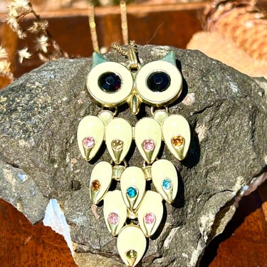 Vintage Owl Pendant Necklace Multi Color Gemstone Crystal Articulated Retro 70s 