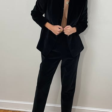 90s velvet pant suit / vintage black cotton velvet blazer + cigarette pant suit | S M 