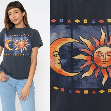 Celestial Shirt 90s Sun and Moon Shirt Graphic T Shirt 1990s Vintage Faded Black Sky Print Short Sleeve Crewneck Small 