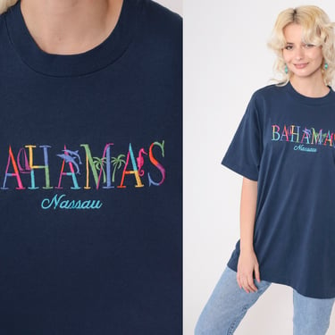 90s Nassau Bahamas T-Shirt Embroidered Graphic Tee Dolphin Palm Tree Shirt Tropical Vacation Travel Navy Blue Vintage 1990s Extra Large xl 