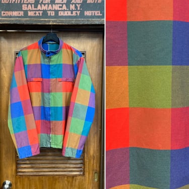 Vintage 1960’s Size L Mod Checkerboard Nehru Collar Windbreaker Jacket, 60’s Vintage Clothing 