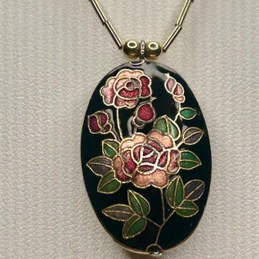 Vintage Cloisonné Pendant Necklace Enamel Black Red Roses Retro Fashion Jewelry 