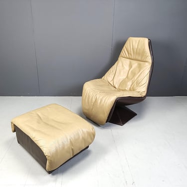 Vintage leather swivel chair with ottoman, 1970s - mid century lounge chair - design lounge chair - vintage lounge chair 