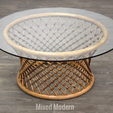 Mid Century Rattan and Glass Coffee Table 