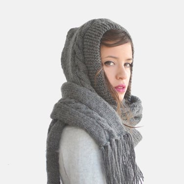 Extra Long Hood Scarf, Pixie Hooded Scarf, Chunky Fringe Scarf, Grey Unisex Scoodie, Huge Knit Hood,Winter Knitted Hood 