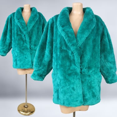 VINTAGE 80s Bold Teal Faux Fur Coat by Peabody House | 1980s Green Blue Fun Fur Teddy Bear Jacket | vfg 
