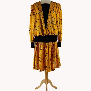 Top Lady 1980s Yellow & Black Dropped Waist Party Dress - British Vintage - Size M 