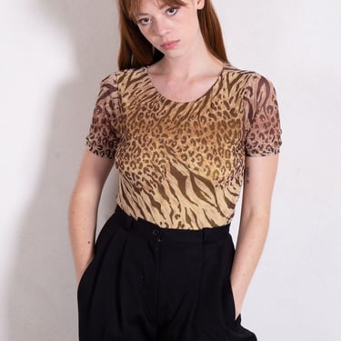 Vintage La Perla Y2K Mesh Leopard + Tiger Second Skin Cap Sleeve Top XS S M 2 Minimal Lingerie 90s Bodysuit 