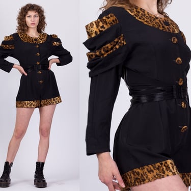 80s Animal Print Faux Fur Trim Puff Sleeve Romper - Medium | Vintage Karin Black Jumpsuit Outfit 