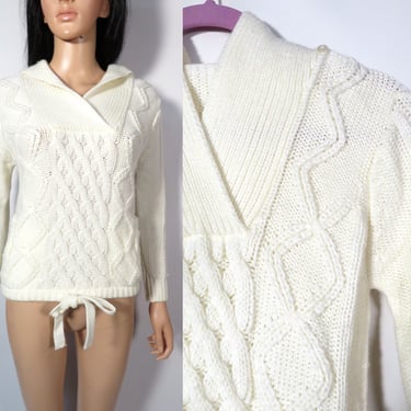 Vintage 70s Ivory Cable Knit Hooded Sweater With Drawstring And Pockets Size XS 
