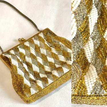 Pretty 1960's Hand beaded Glam Purse Gold Silver and White 