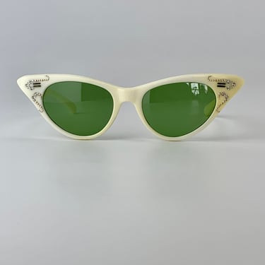 1950'S Cat Eye Sunglasses - Creamy White Plastic Frame - Rhinestones Details - Made in ITALY - Original Green Glass Lenses 