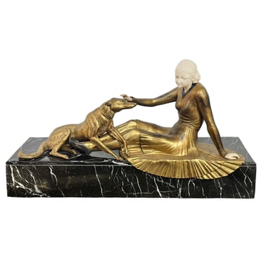 Art Deco Bronze Patina &amp; Marble Sculpture of a Women &amp; Borzoi Dog by Cham, c. 1920's