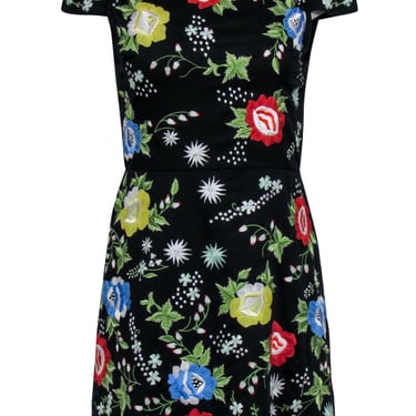Alice &amp; Olivia - Black A-Line Dress w/ Multicolor Floral Embroidery Sz 4