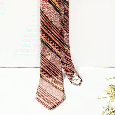 Retro Classic Saddle Ties Fashioned by Forte/ 1960s-70s Geometric Stripe Gold Orange Brown Polyester Necktie/ 3.5 W x 53 L/Dad Gift/Boho 
