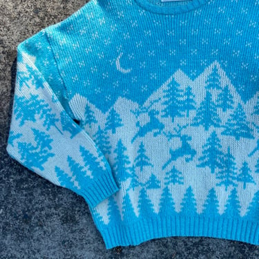 Vintage 80’s preppy oversized fair Isles  style wooly sweater Winter reindeer Pine trees forest print unisex woolen size Med - large 