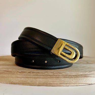 Vintage 90s Black Genuine Leather Gold Mod Arch Hook Buckle Belt - L/XL 